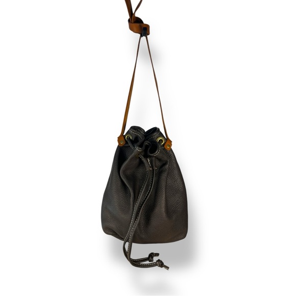 Leather bucket draw string bag, gray and brown, nubuck - Picture 2 of 9